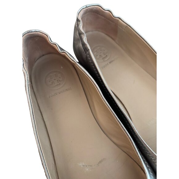 Tory Burch Metallic Rose Gold Leather Ballet Flats Scalloped Edge & Logo 6.5M - Picture 9 of 11